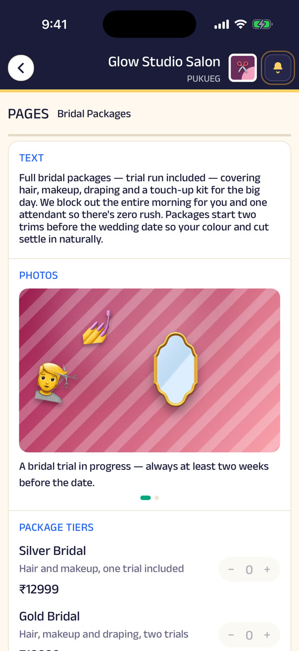 The Bridal Packages page